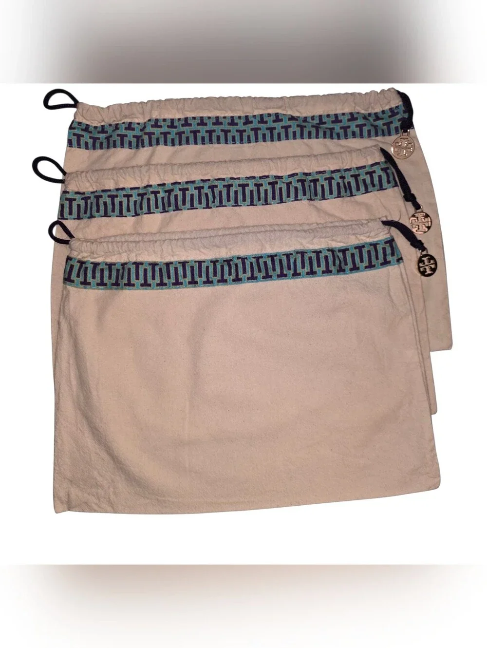 Tory Burch Beige Drawstring Dust Bag with Blue Trim- 3 Piece Set